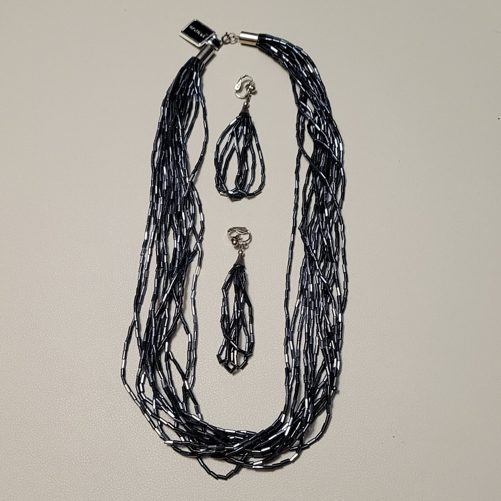 Mystique Gray Beaded Necklace And Clip‎ Earrings Set